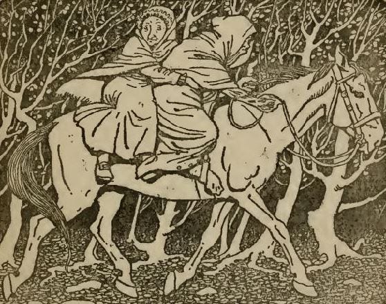 A hooded, cloaked figure rides a horse through trees with an old woman in a cloak riding behind him - print of a drawing