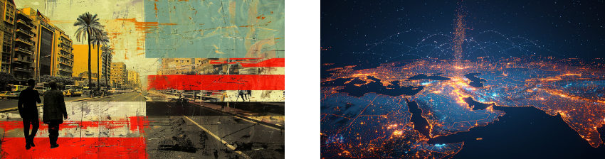 A mixed-media artwork of two people walking on an urban street with layered colors and textures on the left; on the right, a digital visualization of a brightly lit world map highlighting city connections.