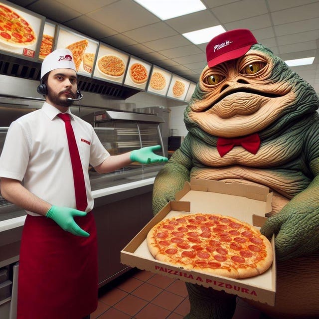 r/weirddalle - Jabba gets a job at Pizza Hut