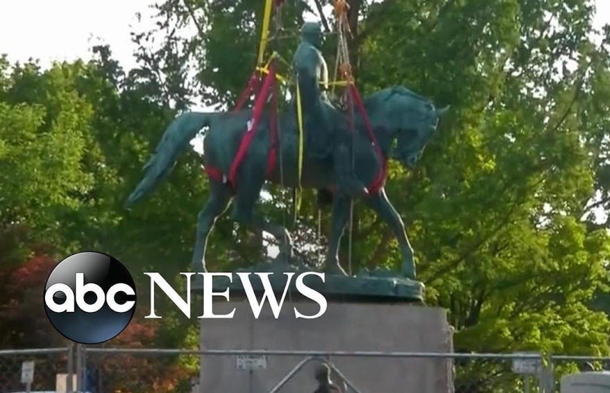 ABC News video screenshot of the removal of the Robert E Lee statue in Charlottesville, Virginia, 2021