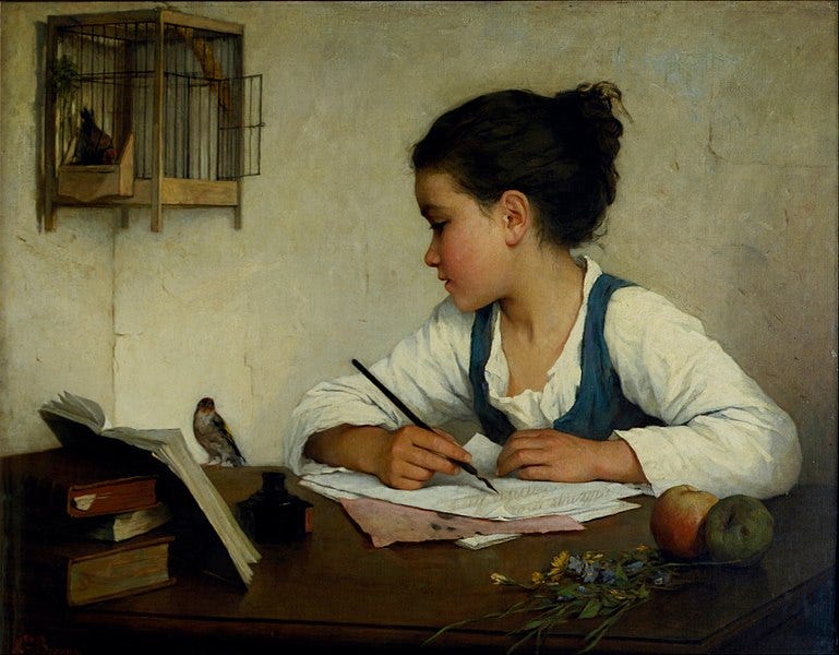 File:Browne, Henriette - A Girl Writing; The Pet Goldfinch - Google Art Project.jpg