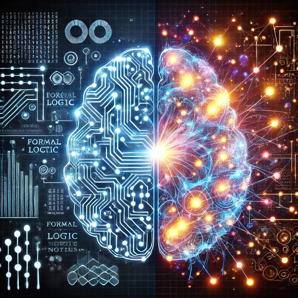 A split-brain concept art where the left side is filled with logical symbols, circuit diagrams, and formal logic notations, while the right side is an interconnected neural network of glowing nodes and synapses. The two sides blend together in the center, symbolizing the fusion of logic and intuition. The artwork is in a futuristic style with vibrant colors, high resolution, and a digital painting aesthetic.
