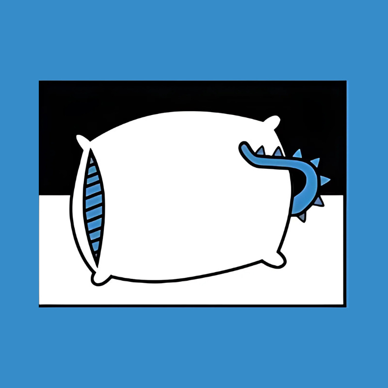 Cartoon of a white pillow with a blue, spiked dinosaur tail sticking out from underneath it. The background is stark black and white, framed in blue. Cartoon of a white pillow with a blue, spiked dinosaur tail sticking out from underneath it. The background is stark black and white, framed in blue.