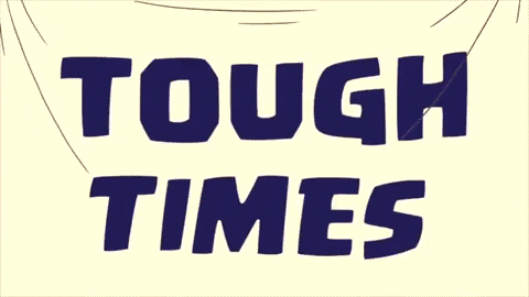 A cartoon woman cuts through a sign that says tough times