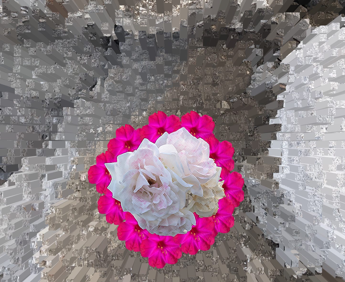 A photo collage by Zel with white and pink flowers over stylized stone
