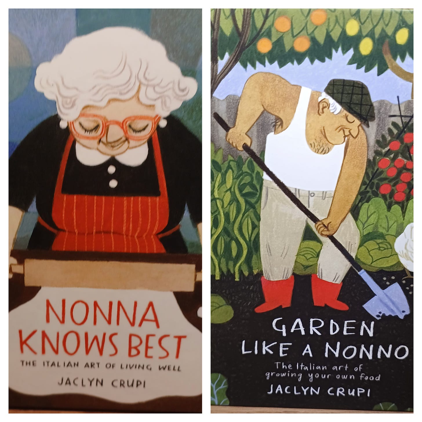 Le copertine di due libri di Jaclyn Cupri: Nonna Knows Best e Garden Like a Nonno. Nella prima, illustrazione di una nonna che stende la pasta con il mattarello. Nella seconda, un nonno con canottiera bianca e coppla che coltiva lattuche in giardino.
