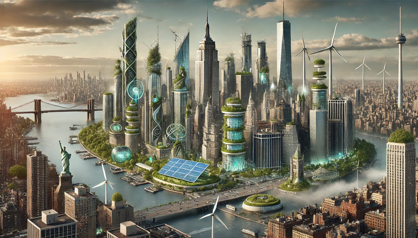 A futuristic landscape view of New York City with iconic buildings such as the Empire State Building and One World Trade Center surrounded by green technology. The city skyline is integrated with clean energy sources like solar panels, wind turbines on rooftops, and vertical gardens on skyscrapers. The image should convey a harmonious blend of urban architecture and green technology, with elements of sustainability such as electric vehicles, green roofs, and eco-friendly infrastructure. The overall mood should be optimistic and forward-thinking, emphasizing the city's commitment to a greener future.