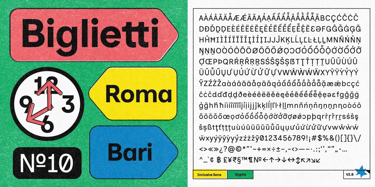 Two images show a new font. There are tags and signs and a click with a simple font that seems friendly and inviting. There is also a full alphabet of the font, with every kind of character laid out in many rows.