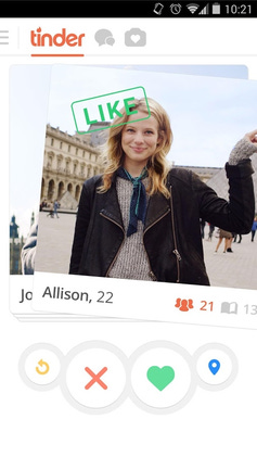 A user interface with the Tinder logo at the top, a profile photo of a woman, her name and age, and a set of icon buttons representing actions like swiping left and right.