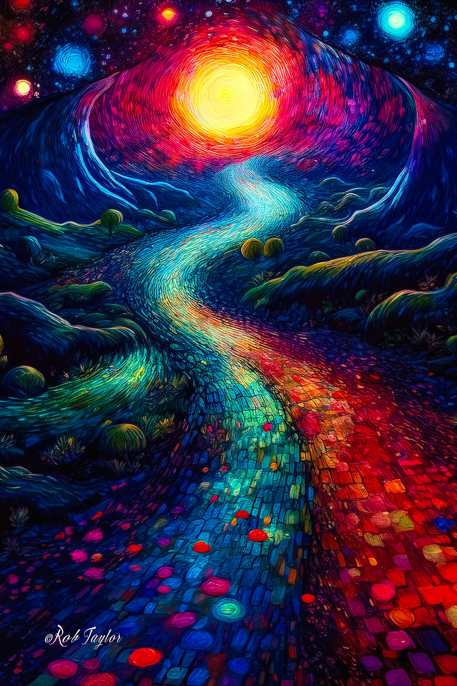 Digital illustration of a vibrant, winding pathway made of multicolored cobblestones leading toward a radiant, swirling sun. The path is surrounded by surreal landscapes of deep blues and cosmic skies filled with luminous stars and swirling galaxies. Symbolizing the journey of consciousness expansion, the pathway represents the continuous flow of awareness and the integration of humility, gratitude, compassion, and harmony.