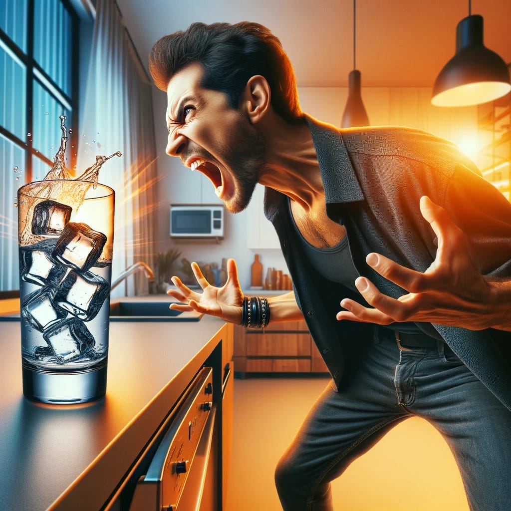 A dynamic scene depicting a modern Mexican individual, dressed in contemporary, casual attire, energetically shouting at a glass filled with ice cubes. The setting is a minimalist kitchen with modern appliances and a sleek countertop, emphasizing the contrast between the warmth of the individual's passionate expression and the cold, unmoving nature of the ice within the glass. The individual's face shows a mix of determination and frustration, capturing a moment of intense communication with the inanimate object. This image symbolizes the clash between human emotion and the unresponsive aspects of our surroundings, rendered in vibrant colors to highlight the energy and emotion of the scene.
