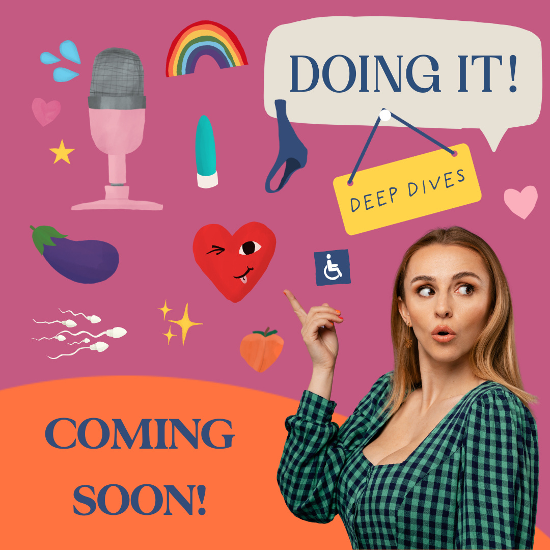 Doing It: Deep Dive artwork. The other text says "Coming Soon". There are a bunch of Hannah's brand illustrations, including a microphone, aubergine, cheeky heart, and peach on a pink background with a photo of Hannah pointing up at them