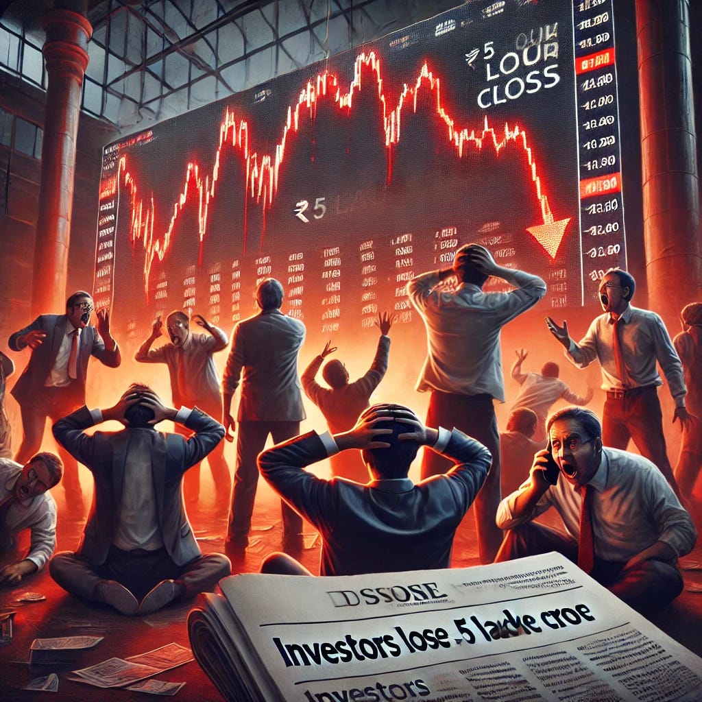 A dramatic scene of distressed investors in a stock market environment. Large digital screens display a sharp downward trend with the numbers showing ₹5 lakh crore loss. Traders are panicking, some holding their heads in disbelief, others making urgent phone calls. The atmosphere is tense with a red glow from the screens, symbolizing heavy losses. A newspaper headline in the foreground reads: 'Investors Lose ₹5 Lakh Crore'.