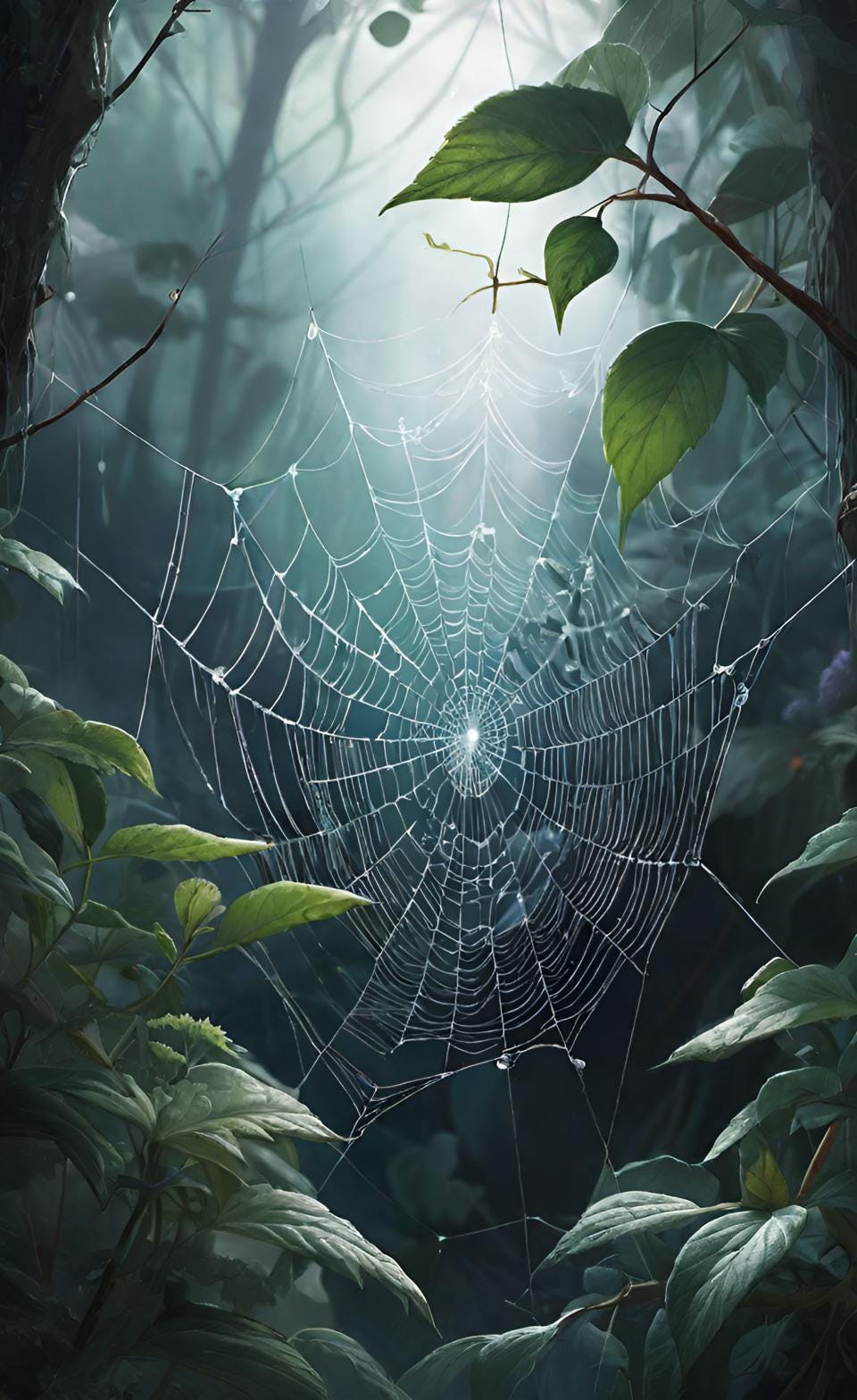 Painting of a spider web in a forest