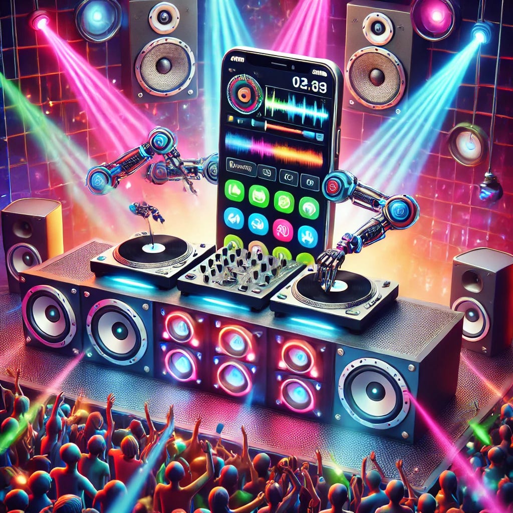 A fun, vibrant dance party scene where a smartphone is acting as a DJ. The smartphone is placed behind a DJ booth with large speakers and turntables, its screen lit up with music apps. The smartphone has robotic arms extended, manipulating the turntables like a DJ. Colorful lights and lasers beam around the scene, with a lively crowd of people dancing in front of the booth. The atmosphere is energetic and futuristic, with a playful vibe. The background features neon lights and a modern club setting.