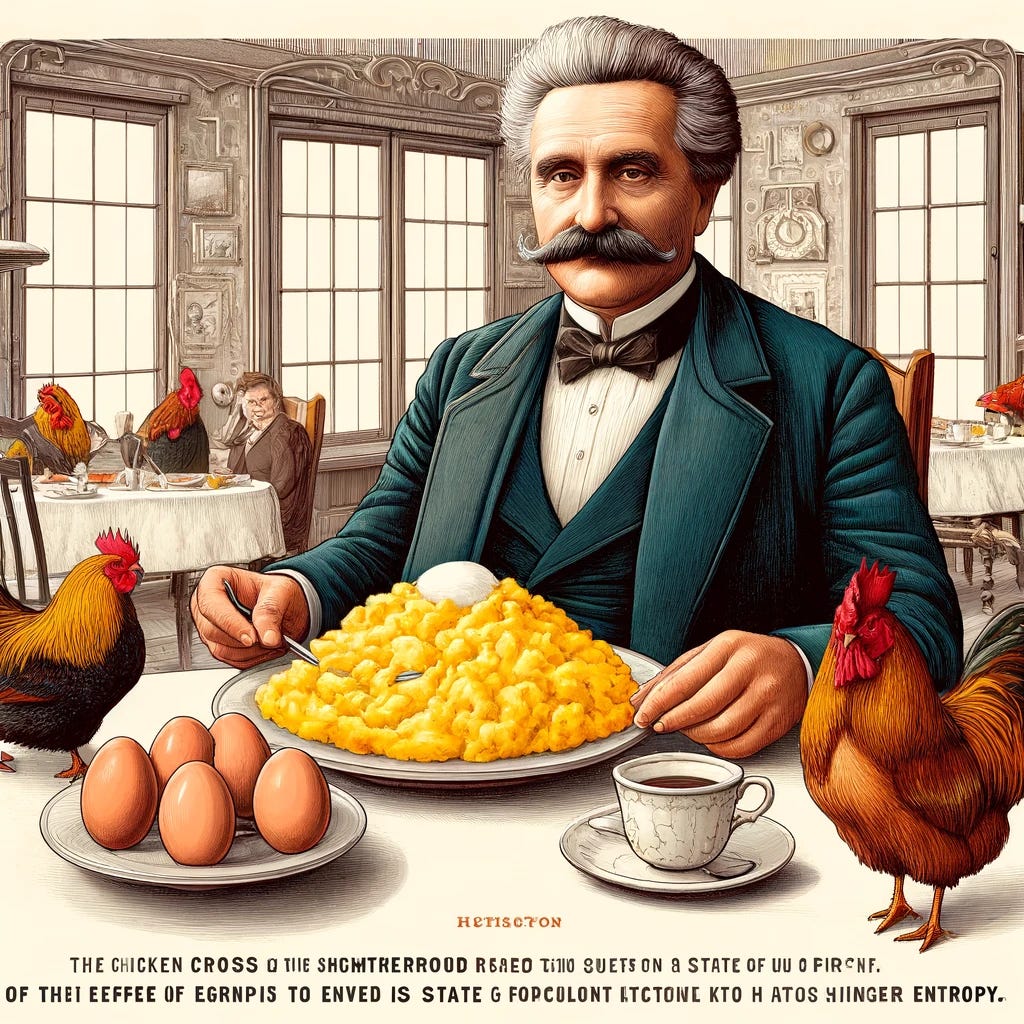 A whimsical and educational illustration featuring Ludwig Boltzmann, a prominent physicist, sitting at a breakfast table in the late 19th century. Boltzmann is depicted enjoying a plate of scrambled eggs, symbolically representing the concept of high entropy. The scene creatively connects the idea of chickens crossing the road to reach a state of higher entropy, exemplified by the scrambled eggs. The background includes elements typical of a Victorian era dining room, enhancing the historical context and adding depth to the illustration of this scientific principle.