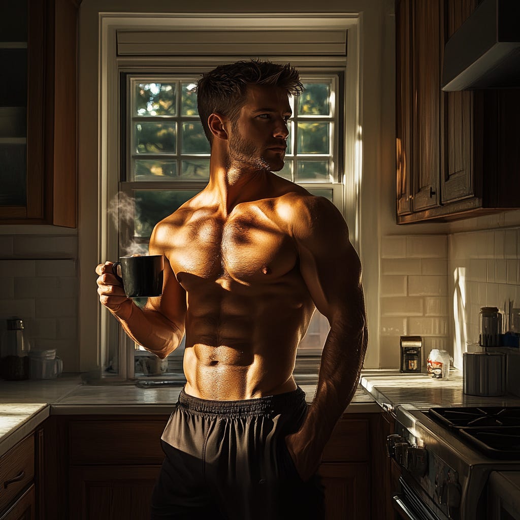 Fit male athlete enjoying a morning coffee in his kitchen.