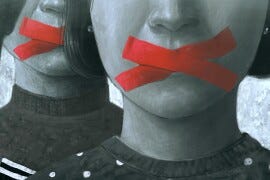 Illustration of three people with red tape over mouths