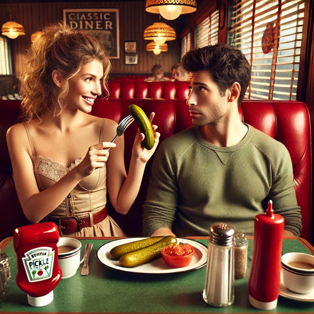 A cozy, classic diner scene with a couple sitting side by side in a booth. The woman has taken the pickle off the man’s plate, leaving no pickle behind, as she holds it with a playful smile. The man looks surprised but amused. The ambiance is warm and friendly, with vintage decor including red booth seats and a checkered floor. On the table are classic diner items like a ketchup bottle, salt and pepper shakers, and a cup of coffee, adding to the classic American diner feel.