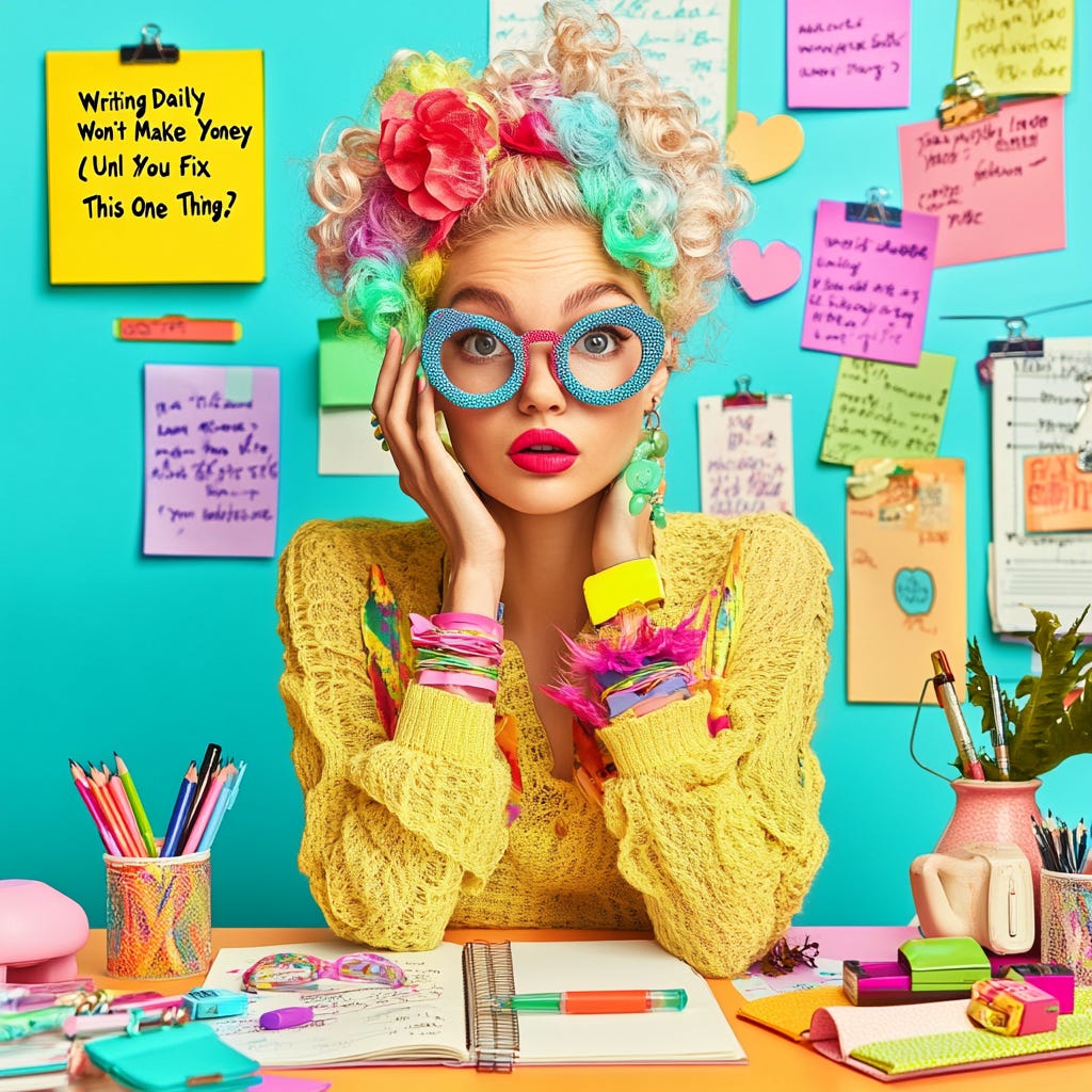 an article key visual on the theme “Writing Daily Won’t Make You Money (Until You Fix This One Thing).” with a woman writer with vivid colorful accessories and reading glasses with colorful frames. Emotion: playful, naughty Key color codes are #e11a72 and #1ae189. Photorealistic studio shot, office environment, colorful background. an article key visual on the theme “Writing Daily Won’t Make You Money (Until You Fix This One Thing).” with a woman writer with vivid colorful accessories and reading glasses with colorful frames. Emotion: playful, naughty Key color codes are #e11a72 and #1ae189. Photorealistic studio shot, office environment, colorful background.