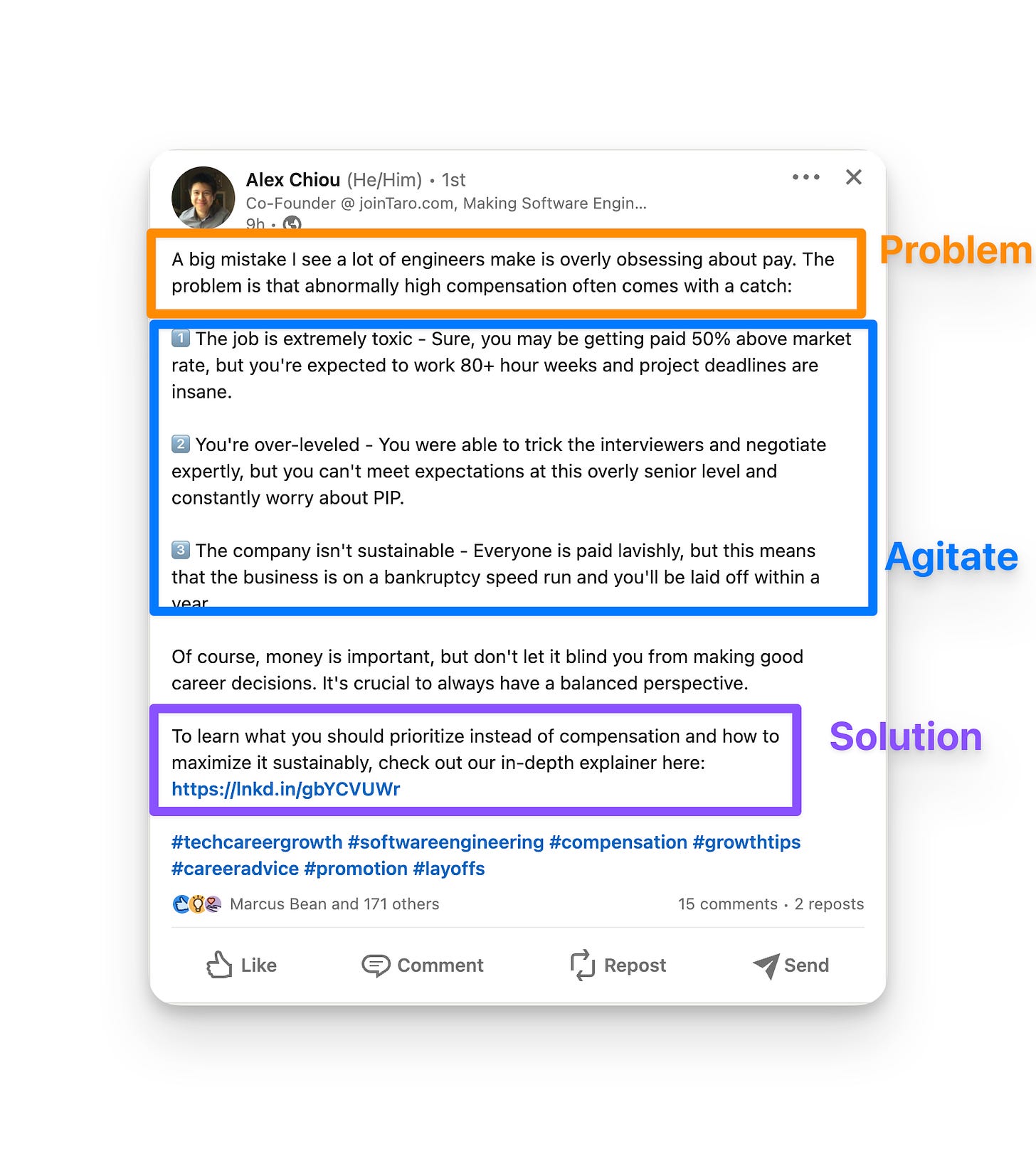 Alex Chiou LinkedIn post using Problem-Agitate-Solution format