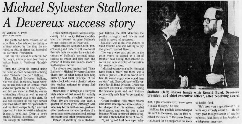 A newspaper article with a picture of Stallone accepting an award from Devereux and the headline Michael Sylvester Stallone: A Devereux success story