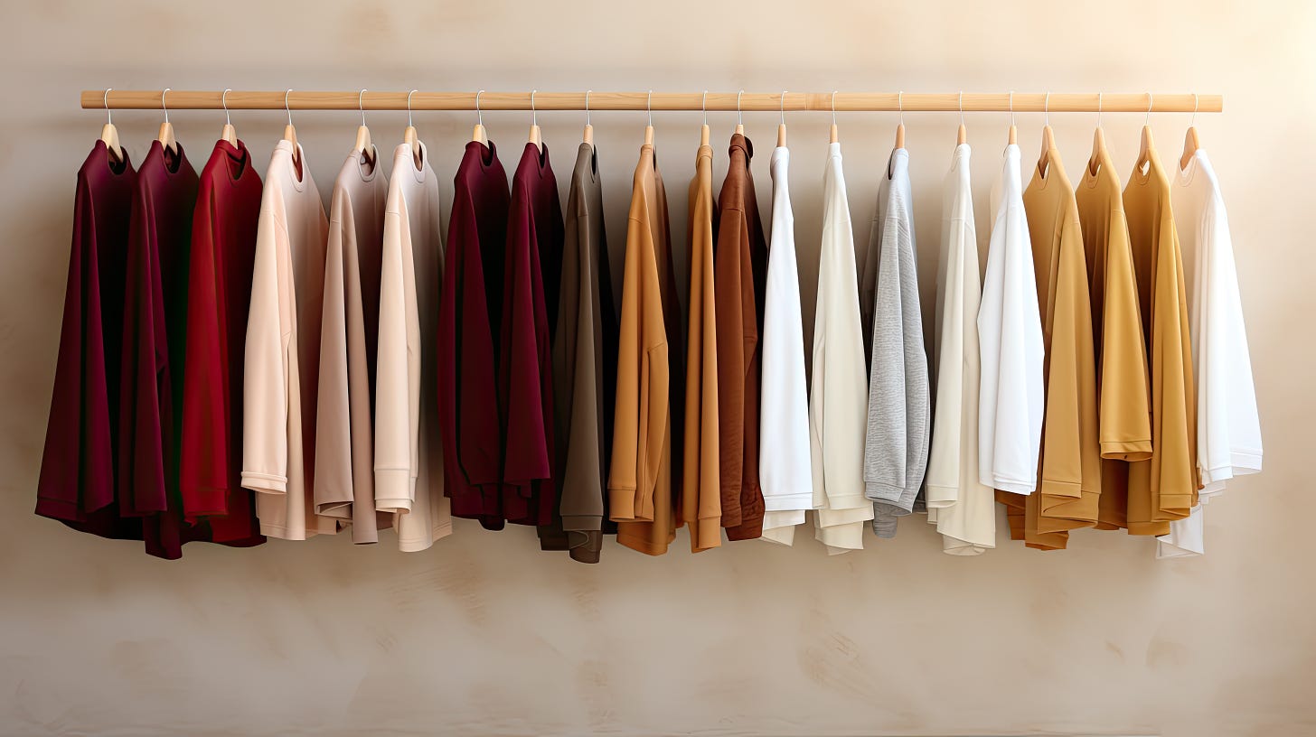 A line up of Magenta, Buck, Tan and White shirts on a wooden rack | While you can sell a T-shirt once, you can sell an idea an infinite amount of times. So, when browsing our social media, remember that we aren't selling shirts; we're selling the ideas printed on the shirt 