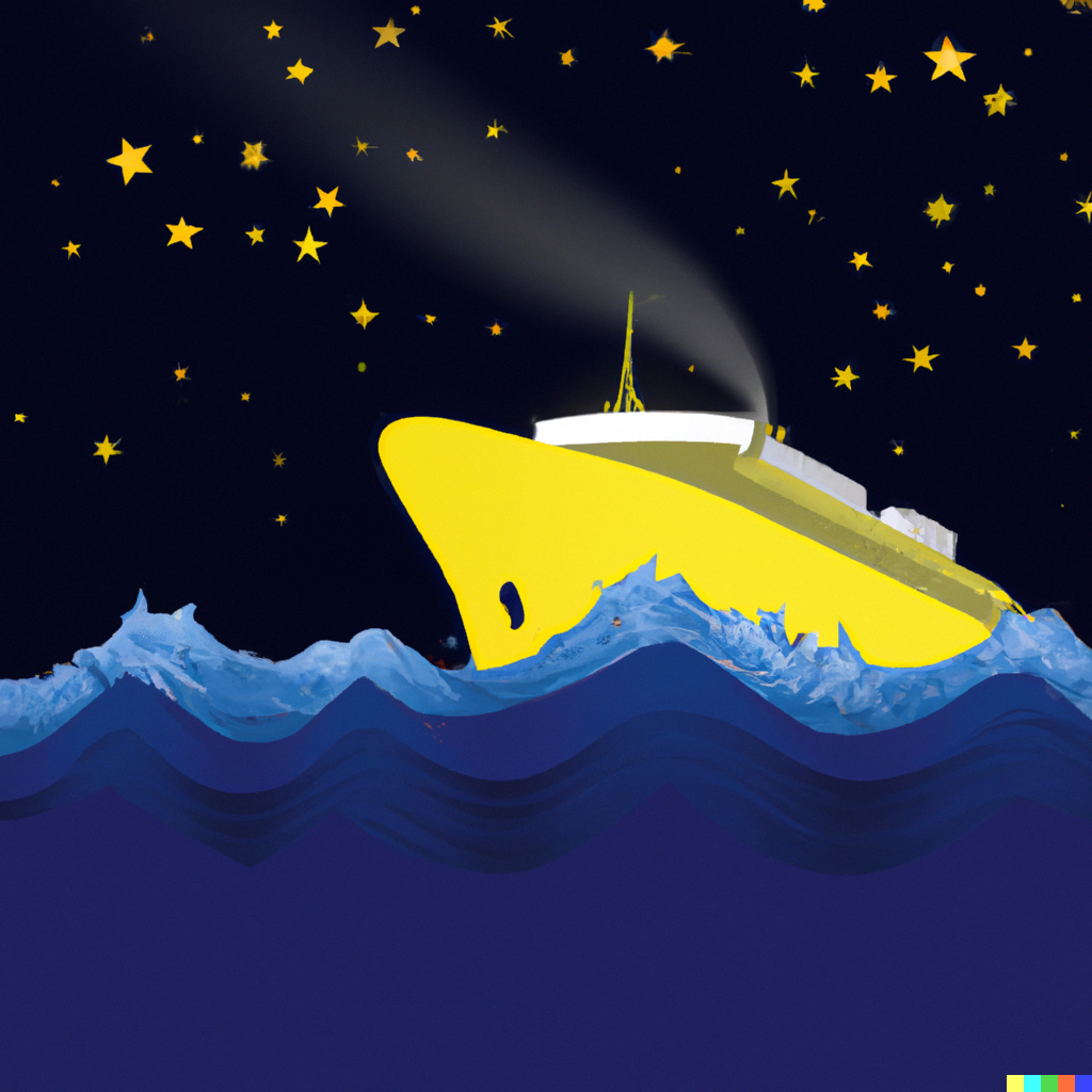 DALL·E prompt: “A gigantic ship in the night with big ocean waves and a yellow star in the sky"