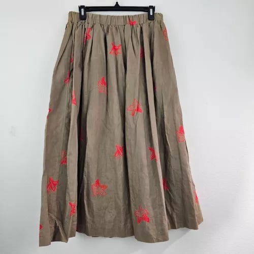 Vintage 60's American Floral Tan Midi Skirt Linen Blend Pockets Sz 12 Made USA - Picture 5 of 8