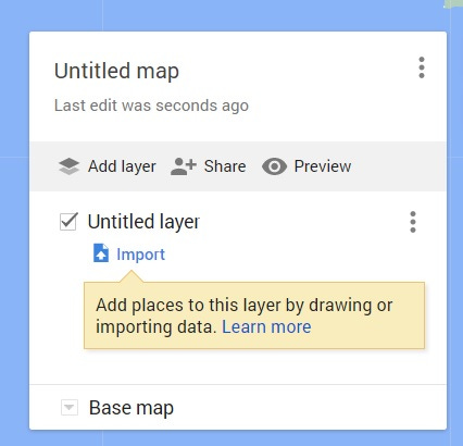 creenshot from Google My Maps showing how to import a spreadsheet of data