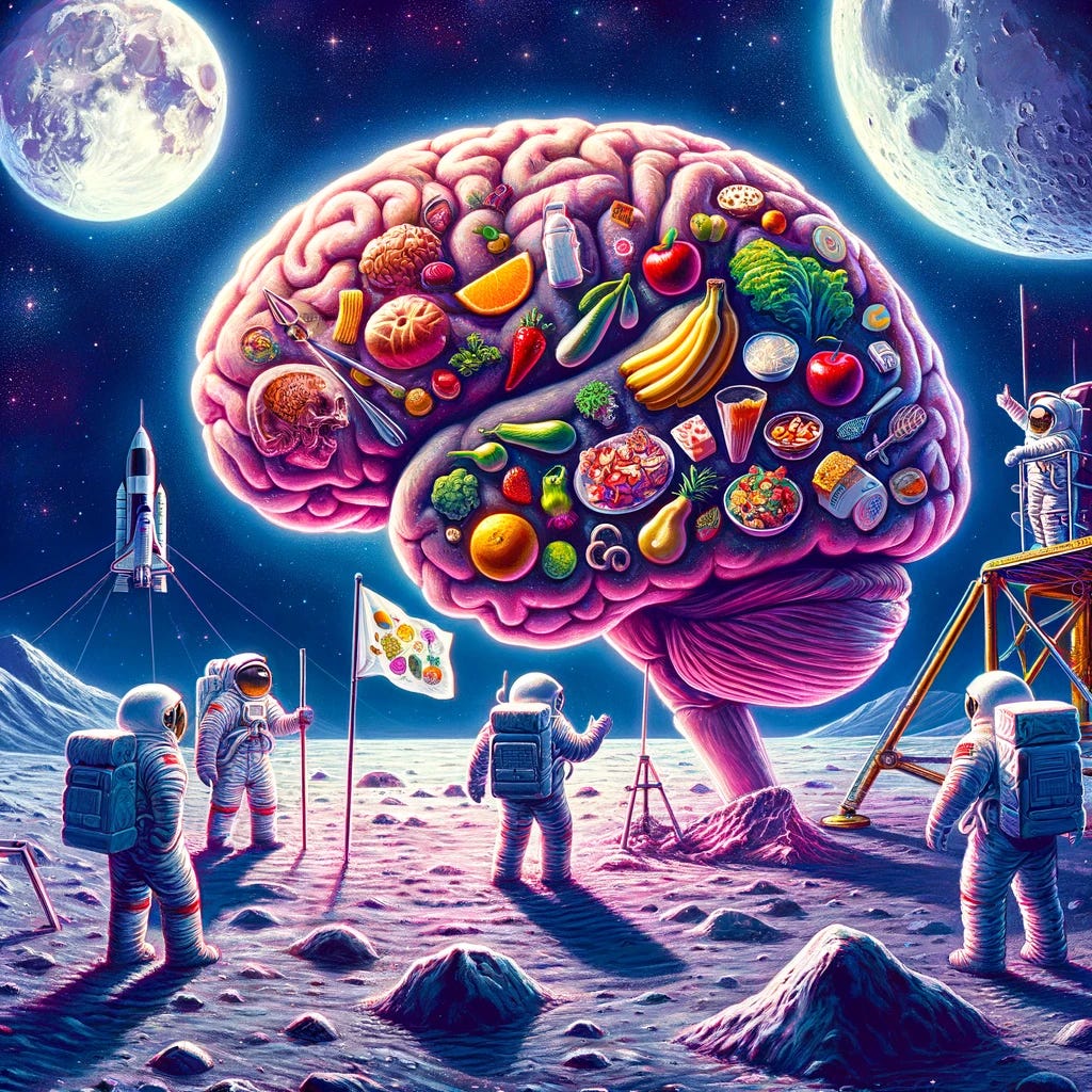 Illustrate an imaginative scene where a brain, representing the regulation of food choices, is creatively integrated with the moon landing scenario. Picture the brain as overseeing and directing the decision-making process between healthy and unhealthy foods. In this unique setting, astronauts on the moon symbolize the act of making food choices, with one astronaut planting a flag adorned with symbols of healthy eating, such as fruits and vegetables, and another astronaut representing the allure of unhealthy, sugary foods. This artistic representation aims to symbolize the critical decisions in nutrition and eating habits, drawing an analogy to the monumental and pioneering spirit of the moon landing. The artwork should be vibrant, capturing the essence of this analogy without any text.