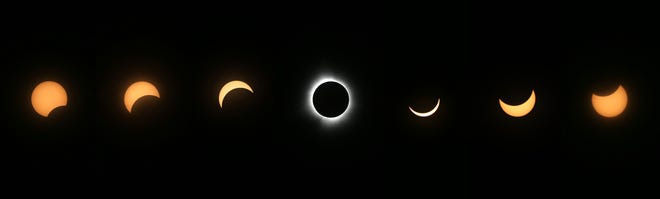 A composite of photos taken before and after totality over Lake Placid, New York April 8, 2024.