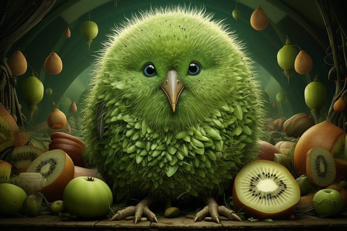 Green Kiwi bird that looks like a fruit, surrounded by Kiwi fruit