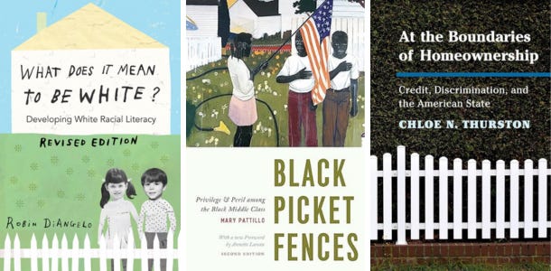three antiracism books with white picket fences on the covers