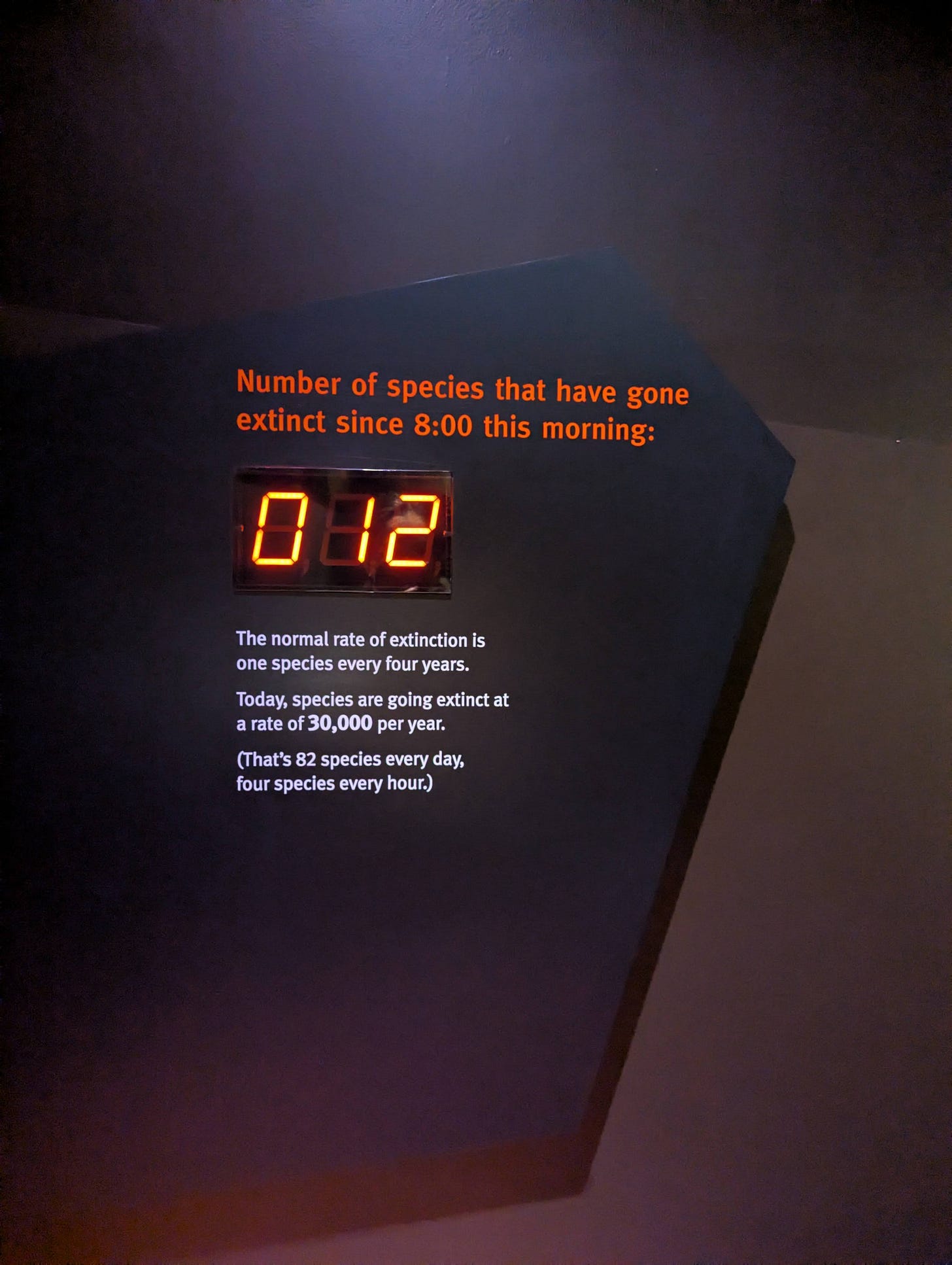 the counter documenting "number of species that have gone extinct since 8:00 this morning". The display reads: "012" the counter documenting "number of species that have gone extinct since 8:00 this morning". The display reads: "012"