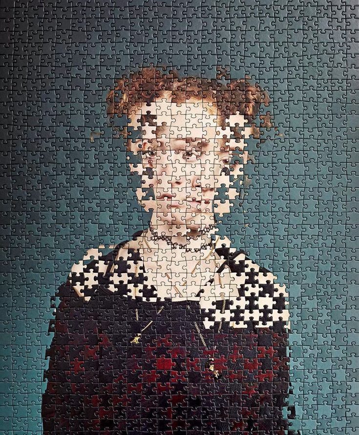 a scrambled jigsaw puzzle of identical twins
