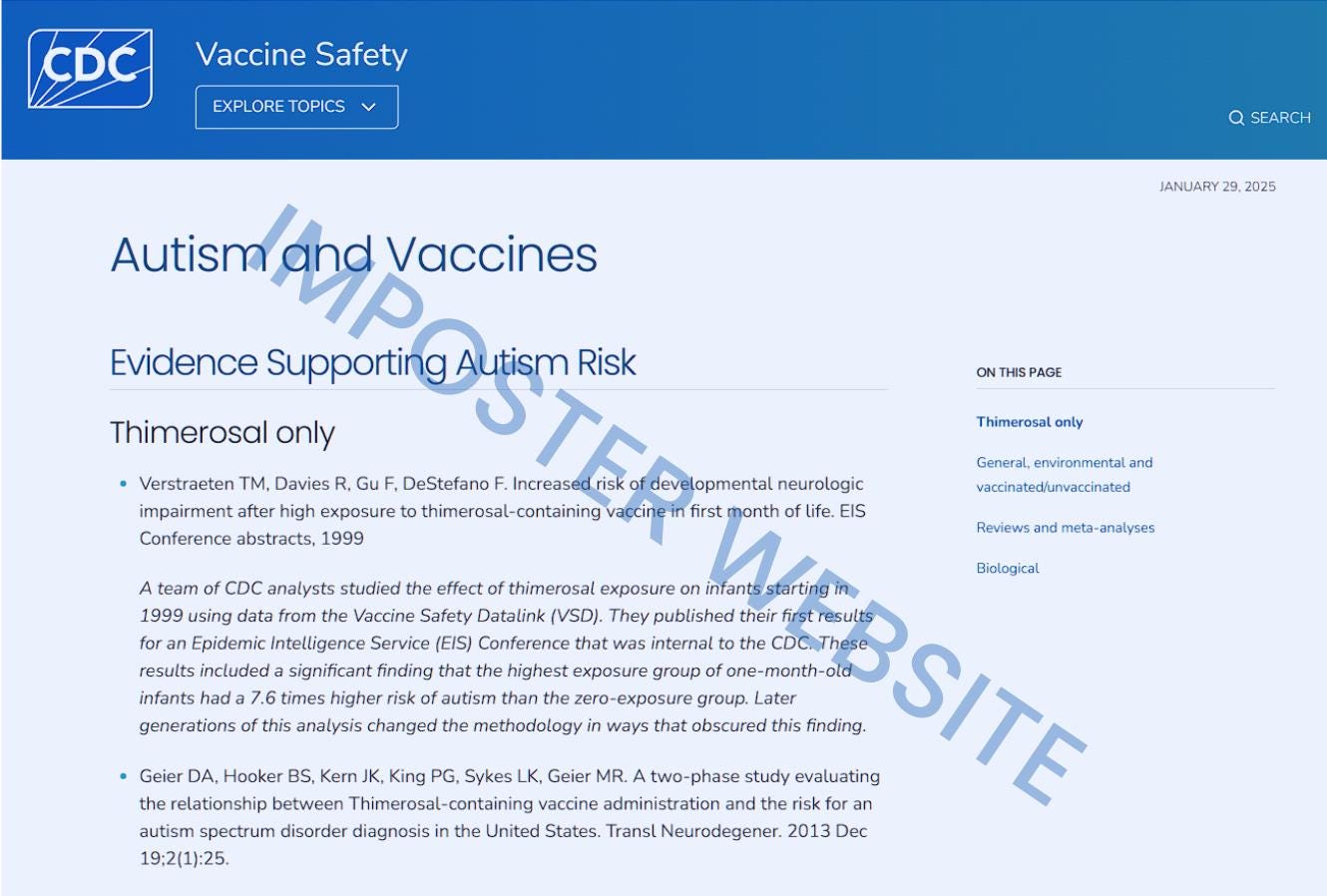 This is an image of the imposter CDC website. This page presents the argument that autism and vaccines are related as if it has scientific validity. A review of the studies quickly dispels that idea. This is an image of the imposter CDC website. This page presents the argument that autism and vaccines are related as if it has scientific validity. A review of the studies quickly dispels that idea.