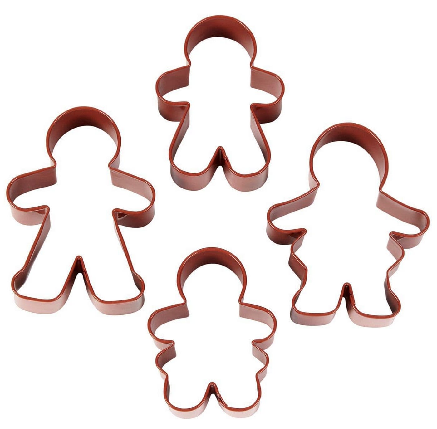 Four copper cookie cutters for gingerbread cookies.