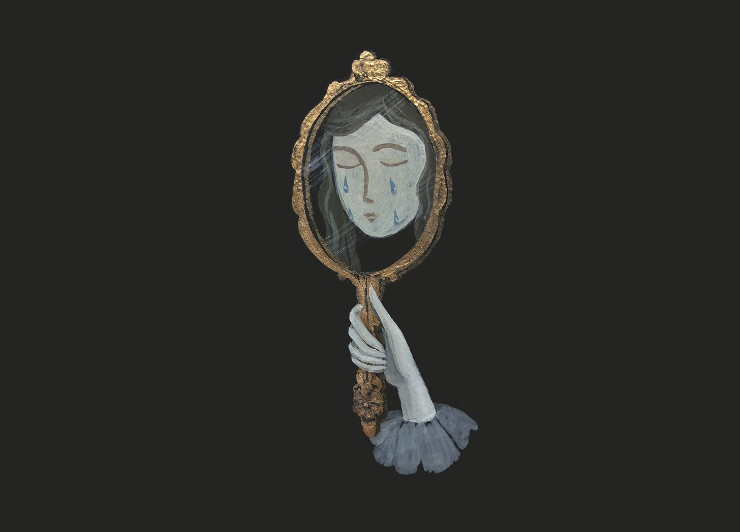 A painting of a pale hand holding a gilt-edged mirror against a dark background. Reflected in the mirror is a person’s tearful face.