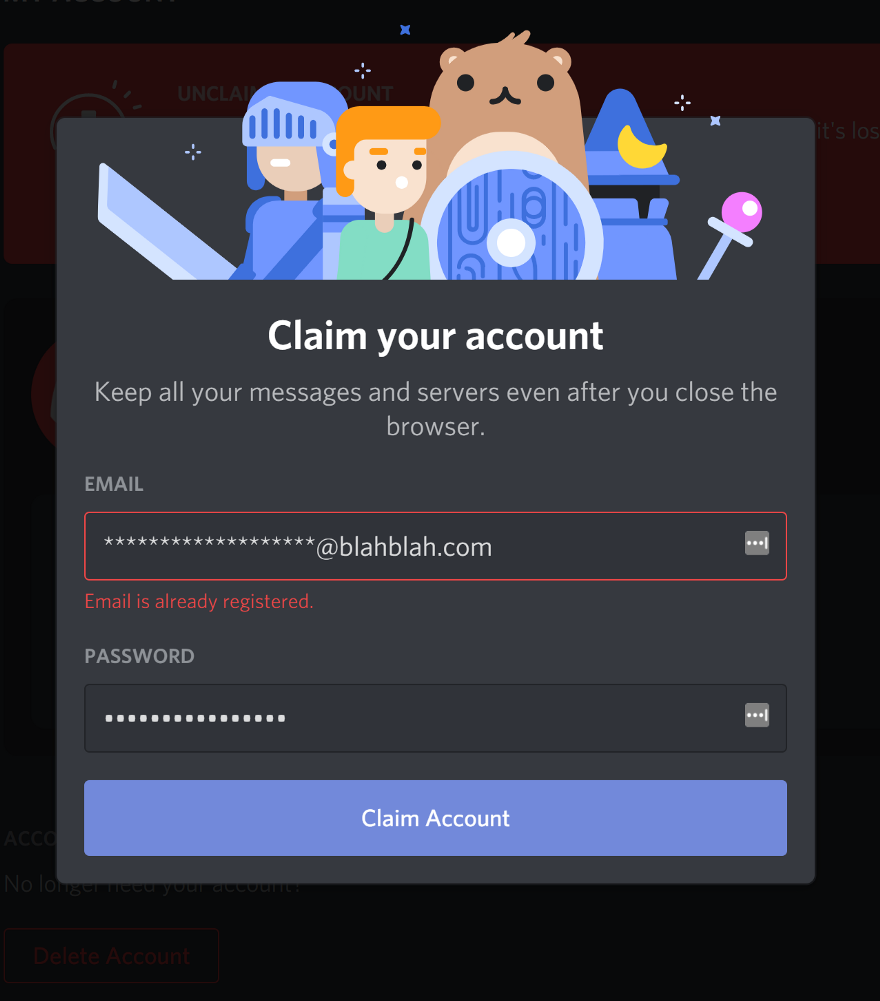 A screenshot of Discord’s ‘claim your account’ popup window.