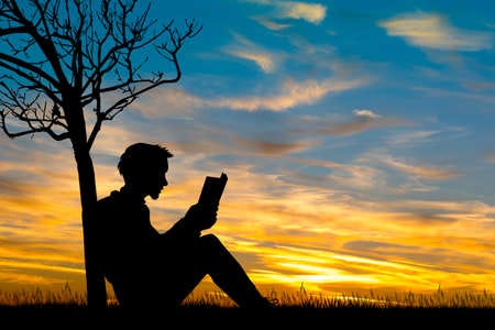 Man Reading A Book At Sunset Stock Photo, Picture and Royalty Free Image.  Image 92570471.