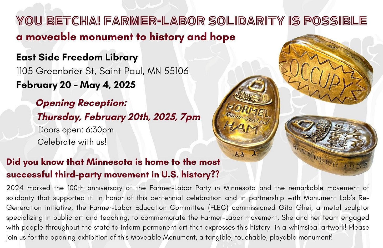 a graphic with details for the You Betcha! farmer-labor solidarity is possible event includes an image of a bronze can of ham and event details