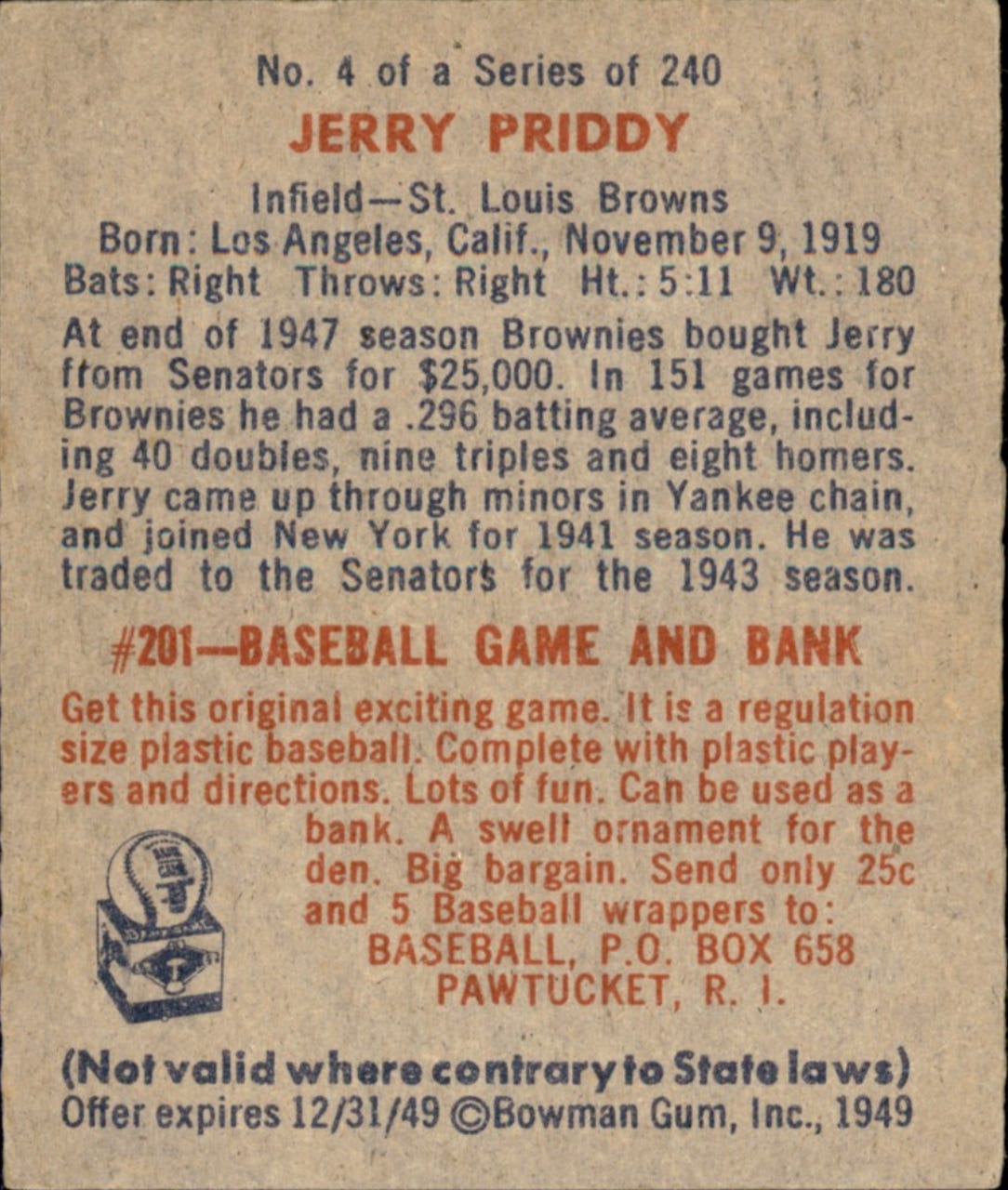 1949 Bowman Jerry Priddy