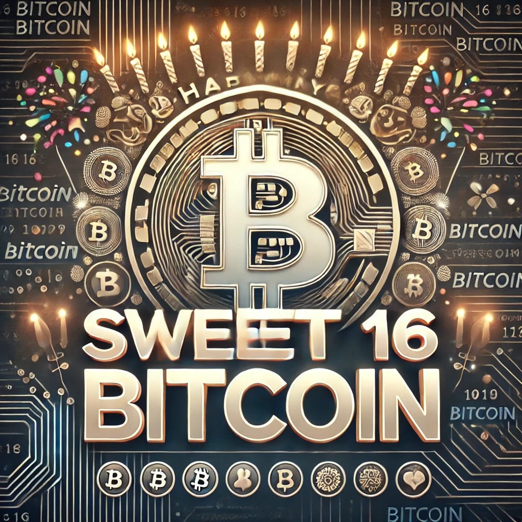 A celebratory image for Bitcoin’s 16th birthday with only the text 'Happy Sweet 16, Bitcoin' and a bold, futuristic design featuring the Bitcoin logo and icons, but without additional symbols or references to specific events. The background should have subtle blockchain and festive elements like confetti to create a clean, modern, and celebratory look focused on the birthday milestone.