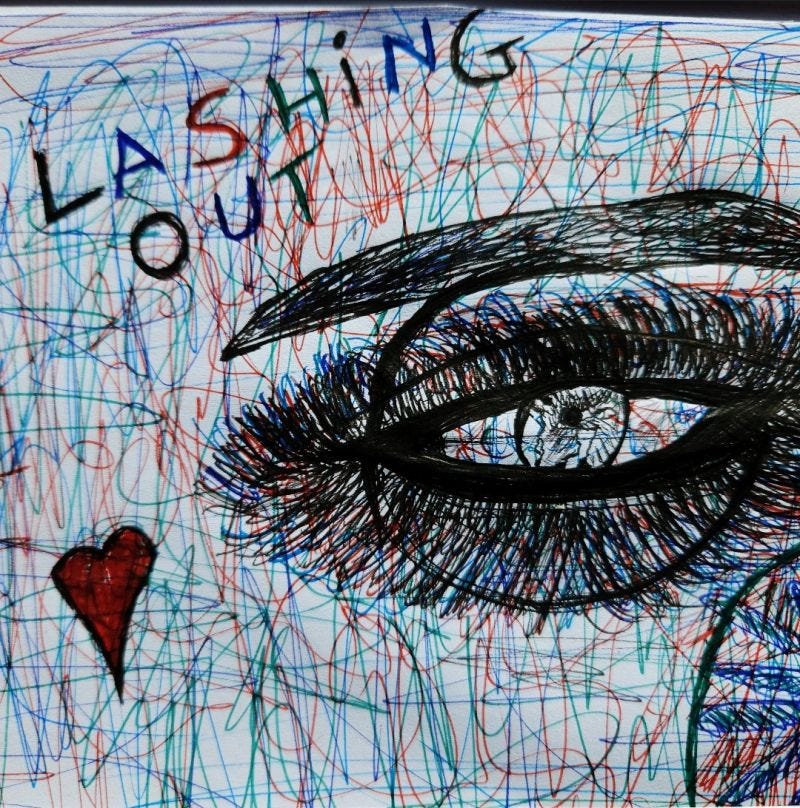 A Pen Sketch Of A Eye and Lashes With The Words Lashing Out Written On The Sketch