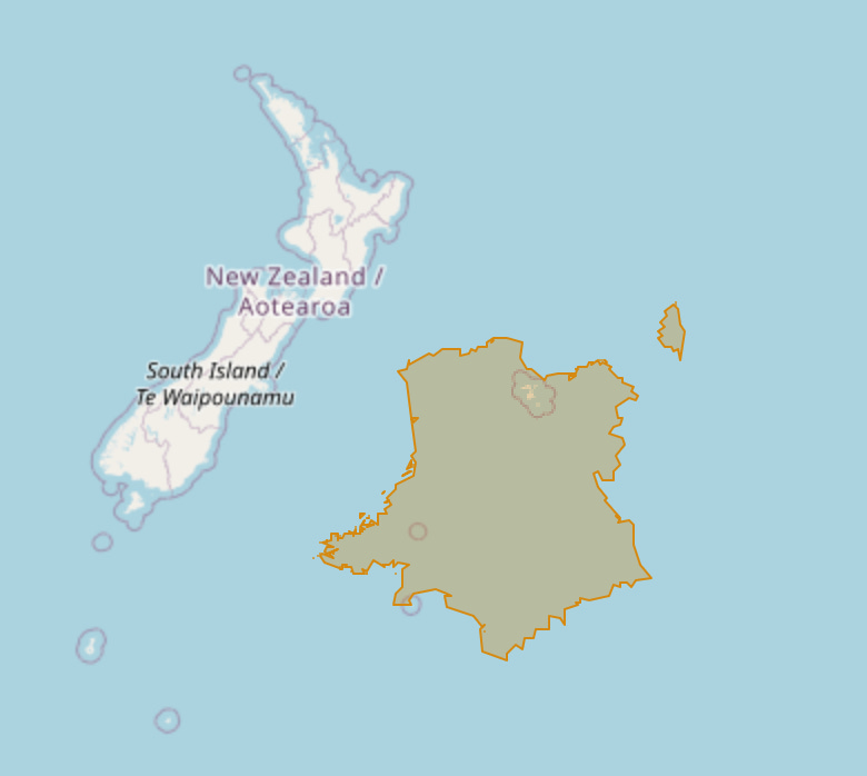 It’s a map showin’ a patch a’ water just to the southeast a’ New Zealand, overlaid with a yellowy outline a’ upside-down France.