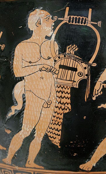 Closeup of a nude lyre player from a red singer vase. The singer has satyr characteristics: a tale, pointed ears, curved penis.