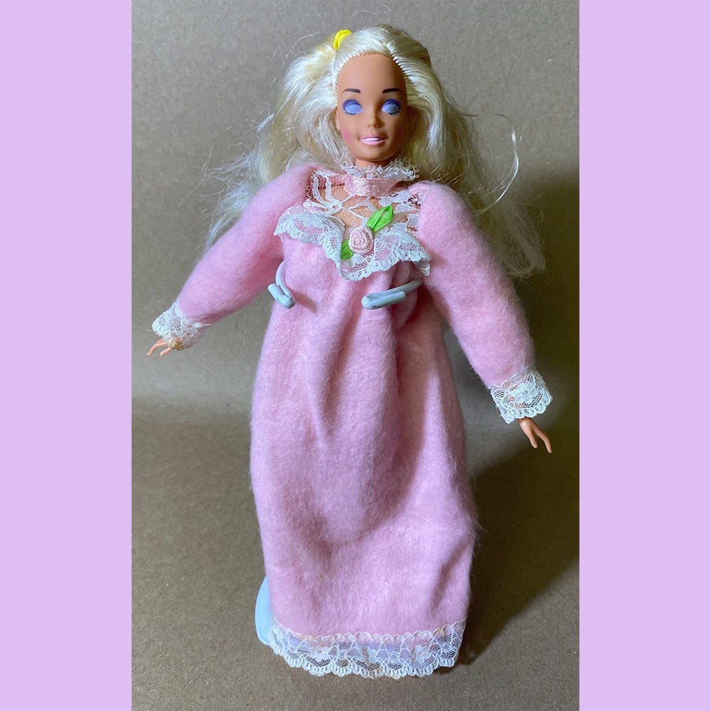 Absolutely petrifying Bedtime Barbie with creepy Victorian pink nightgown and partially glazed eyes