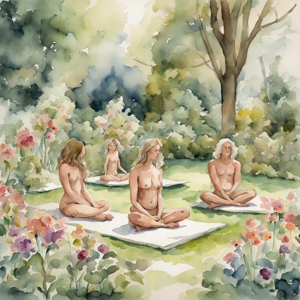 naked yogis in a beautiful garden, watercolor