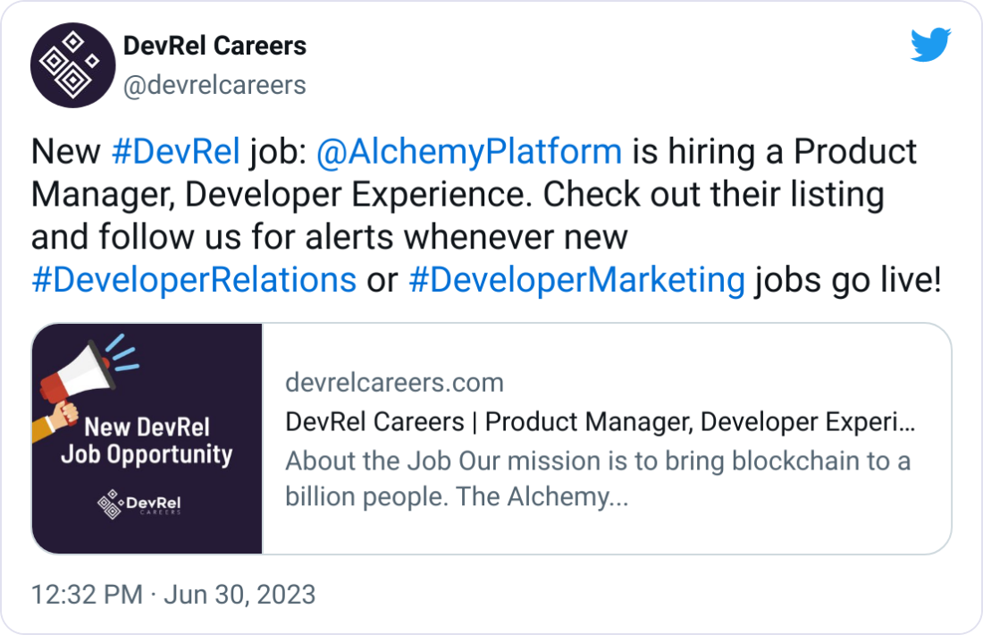 DevRel Careers @devrelcareers New #DevRel job:  @AlchemyPlatform  is hiring a Product Manager, Developer Experience. Check out their listing and follow us for alerts whenever new #DeveloperRelations or #DeveloperMarketing jobs go live!